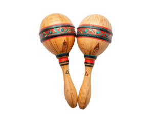 Closeup of handcrafted wooden maracas with tribal style geometric decorations on a simple backdrop