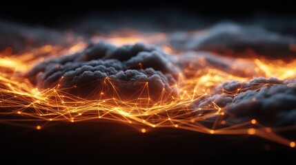 abstract cloud computing network visualization with glowing orange connections