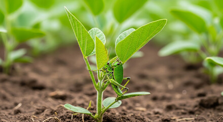 Green grasshoppers feeding on young soybean plant in a field.