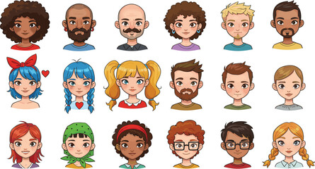 Cartoon character portraits, diverse faces illustration, multicultural people, vector grid, unique hairstyles, accessories, social diversity, avatar design, stock art