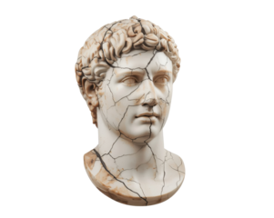 Cracked legacy, Sculptural bust embodies history and endurance through its weathered appearance