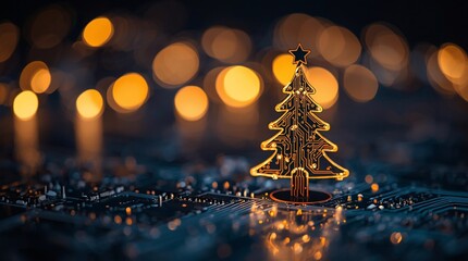 Futuristic Christmas tree made of electronic circuit glowing on microchip, modern holiday decoration with golden lights, digital technology celebration and innovation festive background