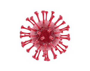 Detailed 3D rendering of a red virus particle with visible spikes against a dark background