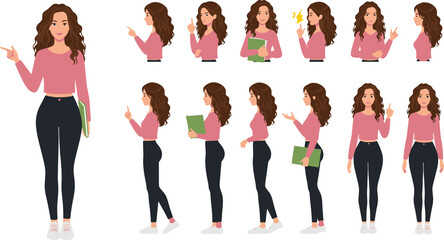 Cartoon woman character set, multiple poses and expressions, educational gestures, vector illustration, emotional icons, front and side view