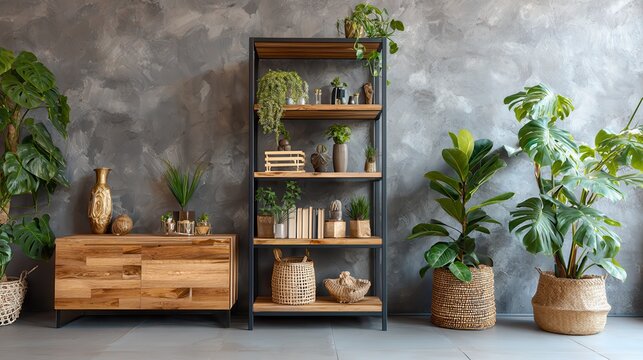 industrial bookshelf and wooden commode in contemporary bedroom interior with urban jungle no logos no brands ar 169
