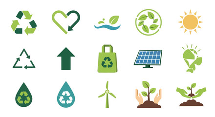 Eco-friendly icons: recycling, renewable energy, and sustainability symbols.