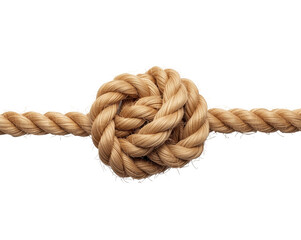 Detailed close up showing a tightly knotted light brown rope against a minimalist backdrop