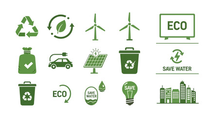 A collection of green environmental icons representing sustainability and eco-friendly concepts and ideas.