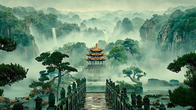 Misty mountain landscape with a serene pagoda and ancient bridge.