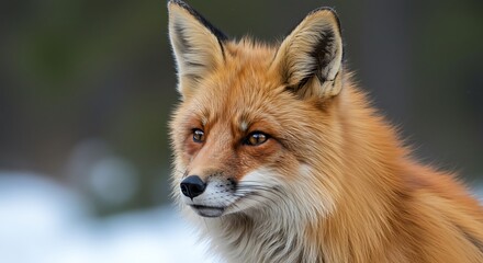 Fototapeta premium Close-up portrait of a red fox with striking amber eyes and detailed fur in a winter setting
