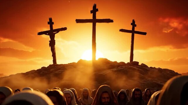 Three crosses with Jesus Christ stand on hill at sunset showing biblical crucifixion this is a very dramatic and spiritual religious moment this is a great easter faith symbol