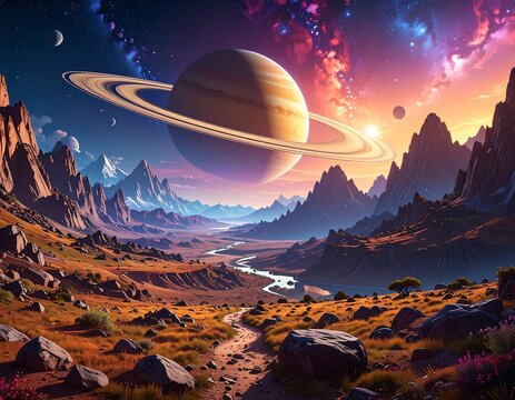 A breathtaking, fantastical landscape with a ringed planet