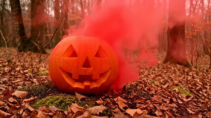 Jack-o'-lantern sits on leaves in woods with red smoke. A whimsical still life. Halloween celebration, spooky season, fall holidays.