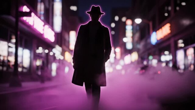 Man in trench coat stands on city street at night showing mysterious noir scene this is a very cool cyberpunk atmosphere this is a great detective or spy character