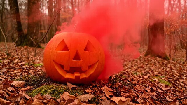 Jack-o'-lantern sits on leaves in woods with red smoke. A whimsical still life. Halloween celebration, spooky season, fall holidays.