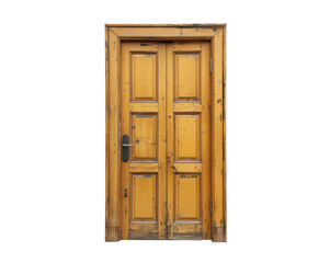Detailed shot of an aged yellow wooden door highlighting its weathered texture and rich history
