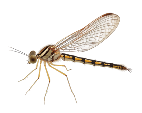 Detailed View of a Damselfly, Intricate Wing Veins and Delicate Body Markings on a Solid Field