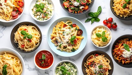 Variety of different Italian pasta dishes and sauces on a marble table. A delicious and colorful top view food collage for a restaurant menu.