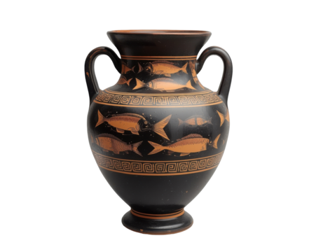 Elegant Ancient Greek Amphora Vase Depicting Fish Motifs, a Timeless Piece of Art History