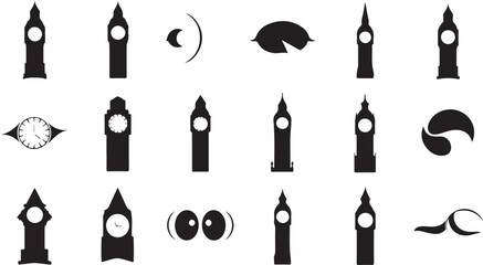 Vector art of collection of big ben silhouette vector illustrations a set of various designs of the iconic clock tower in london, england