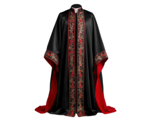 Elegant Ceremony Gown with Intricate Floral Embroidery and Flowing Red Lining Depiction