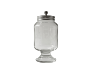 Elegant glass sugar jar with vintage silver lid, isolated on pure background and soft lighting
