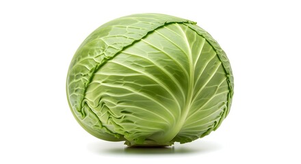 Fototapeta premium Fresh whole green cabbage with tightly packed leaves and natural texture isolated on white background, perfect for healthy cooking, salads, and nutritious meals, showcasing its vibrant green color.