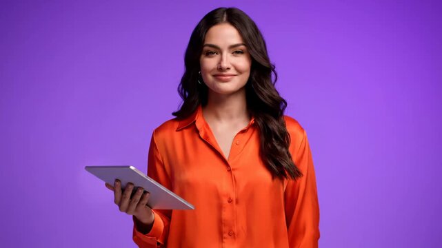 Beautiful woman in orange shirt holds tablet on purple background showing professional person this is a great modern and confident businesswoman this is a very smart and pretty girl
