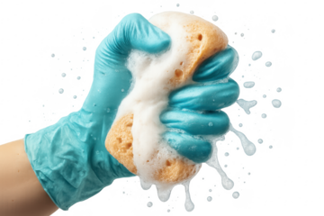 Hand with glove squeezing a sponge with foam, on transparent background