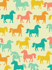 Colorful Repeating Horse Pattern on a Light Yellow Background Making an All Over Equestrian Design