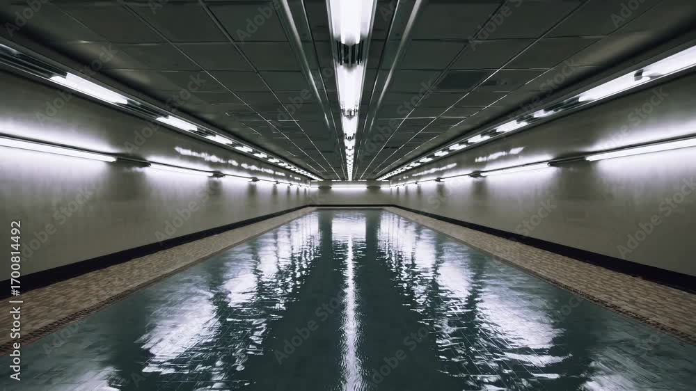 Aufkleber a futuristic video concept featuring a low-angle view of a reflective, illuminated tunnel, creating 