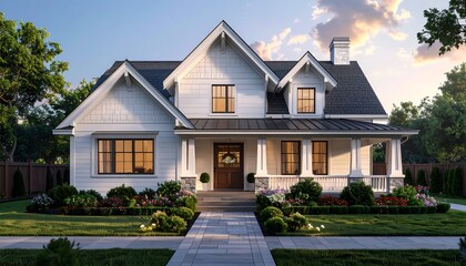 A spacious, light-filled farmhouse residence with a welcoming front porch, showcasing a timeless design and idyllic suburban setting.