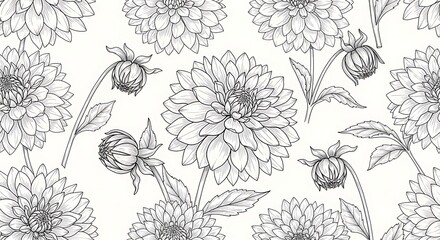 Elegant Dahlia Flower Pattern in Black and White.