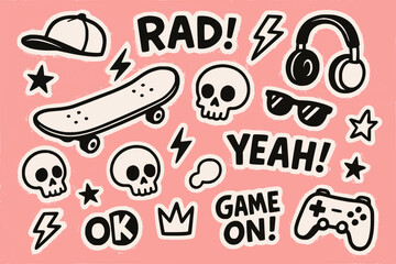 Hand-drawn urban skater doodle stickers with skateboards, skulls, lightning, and street style