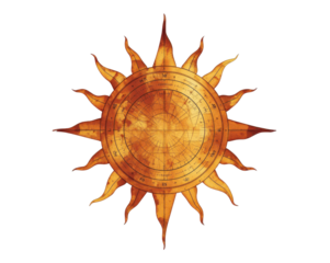Golden celestial body with navigational chart details and geometric design against emptiness