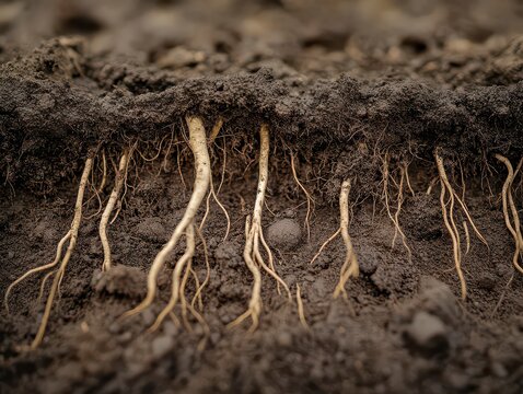 Close up of the roots of a plant in the dirt