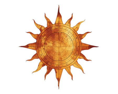 Golden celestial body with navigational chart details and geometric design against emptiness