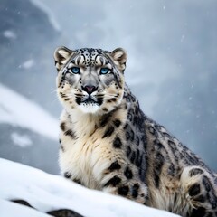 Obraz premium Majestic Snow Leopard in Snowy Mountain Landscape