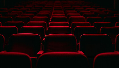 Fototapeta premium Empty red velvet theater seats receding into depth