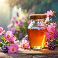 Honey jar surrounded by flowers in a sunny garden setting