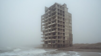 Abandoned building near the coast in foggy weather