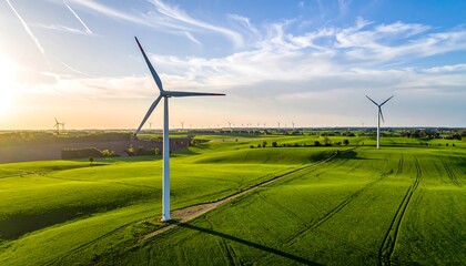 A beautiful landscape showcases rolling hills of vibrant green fields, dotted with multiple wind turbines under a clear, partly cloudy sky at sunrise or sunset.