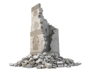 Isolated architectural ruin with decorative bas-reliefs, evoking forgotten civilizations