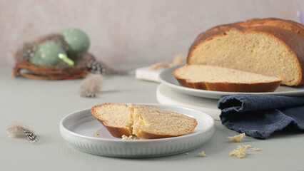 Sliced traditional Portuguese folar on plates