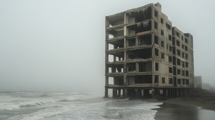 Abandoned building on a foggy beach at dawn