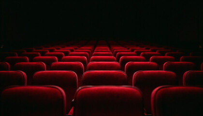Fototapeta premium Empty red velvet theater seats receding into depth