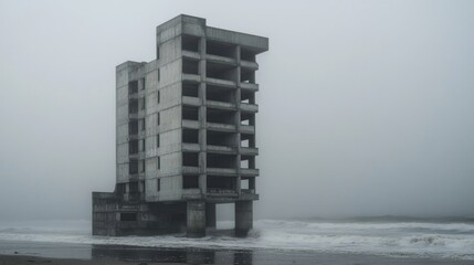 Concrete structure stands alone on misty beach
