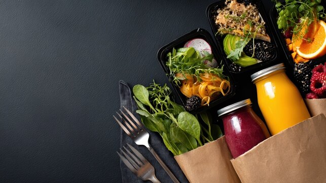 healthy meal diet plan daily ready menu black background fresh dishes in paper boxes smoothie fork knife on paper eco bag as food delivery service at home in office flat lay website photo banner no l