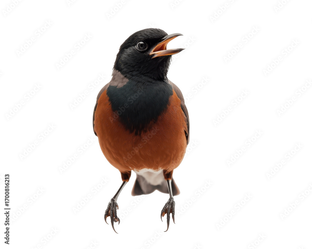 Poster isolated rufous-tailed attila bird singing with its beak open against a solid background