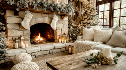  fireplace in the living room decorates Christmas tree. Christmas holiday